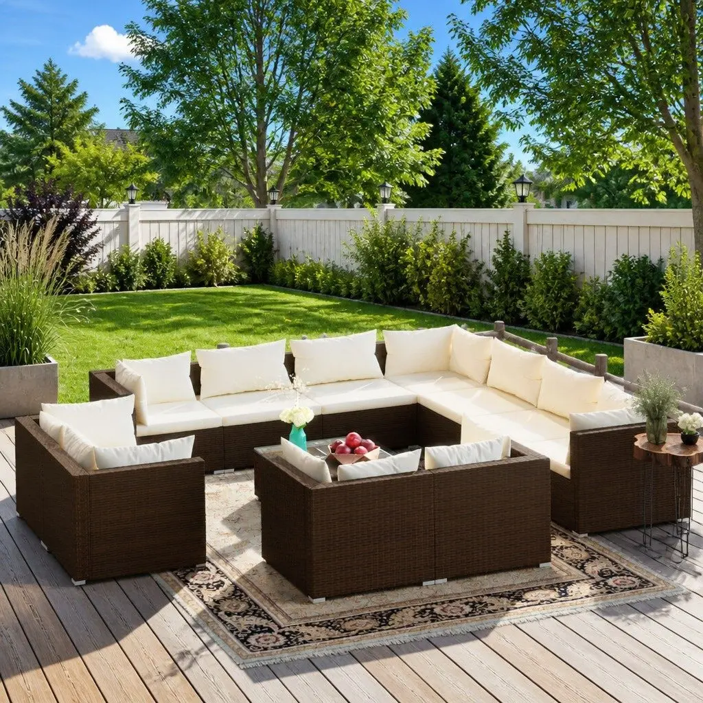 Garden Lounge Set Poly Rattan 12 Piece Outdoor Furniture Brown with Cushions
