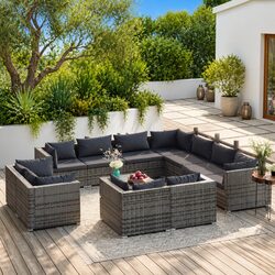 Durable 12-Piece Grey Poly Rattan Outdoor Lounge Set