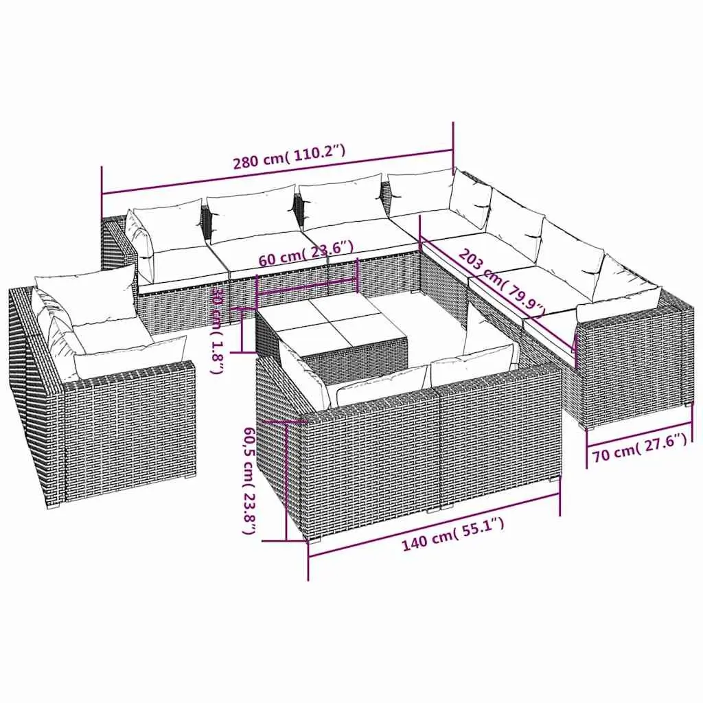 12-Piece Grey Poly Rattan Outdoor Lounge Set
