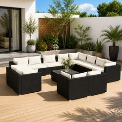 Durable 13 Piece Black Poly Rattan Lounge Set with Cushions