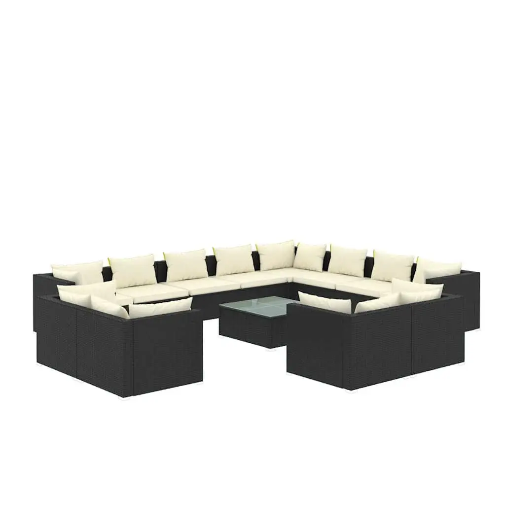 13 Piece Black Poly Rattan Lounge Set with Cushions