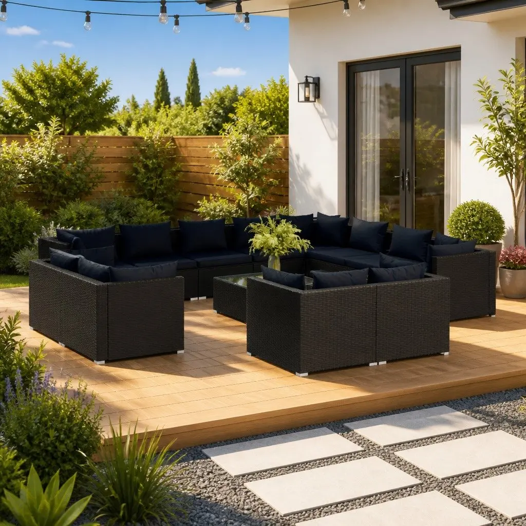 13 Piece Garden Lounge Set Poly Rattan Water-Resistant Black Outdoor Patio Furniture