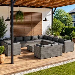 Durable 14 Piece Grey Poly Rattan Garden Lounge Set