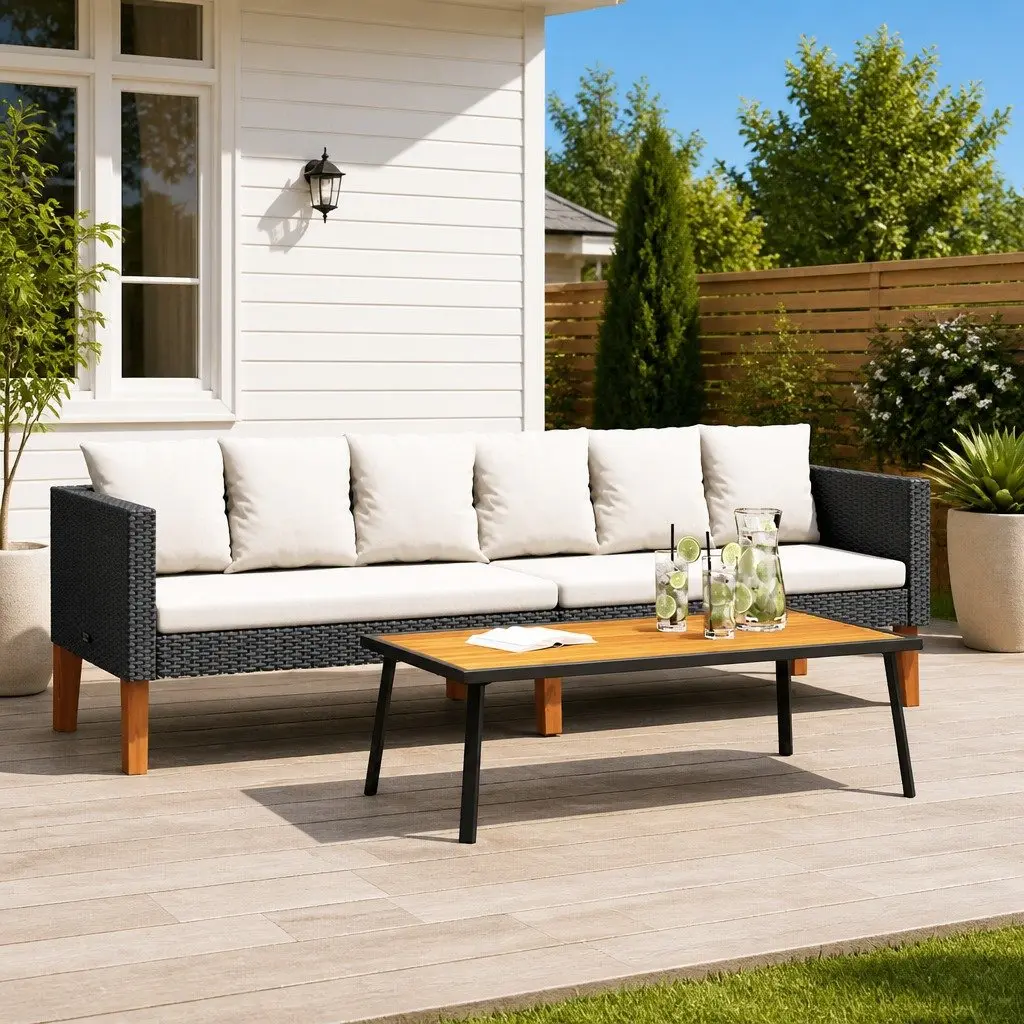 3-Seater Garden Sofa PE Rattan Black with Cushions