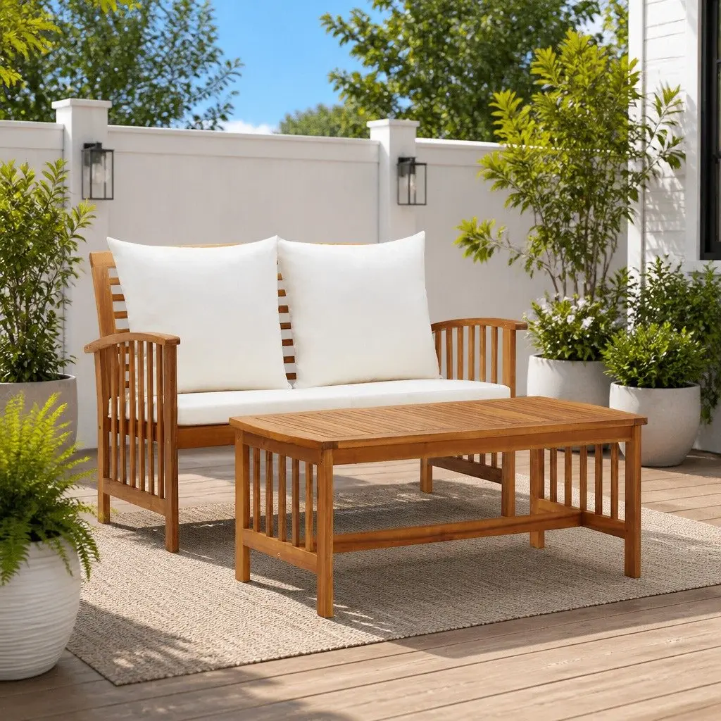 Garden Lounge Set Solid Acacia Wood 2 Piece Outdoor Furniture White