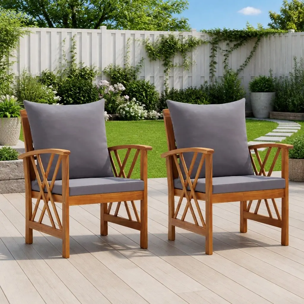 Garden Chairs Set 2 pcs Solid Acacia Wood Grey Outdoor Seating with Cushions