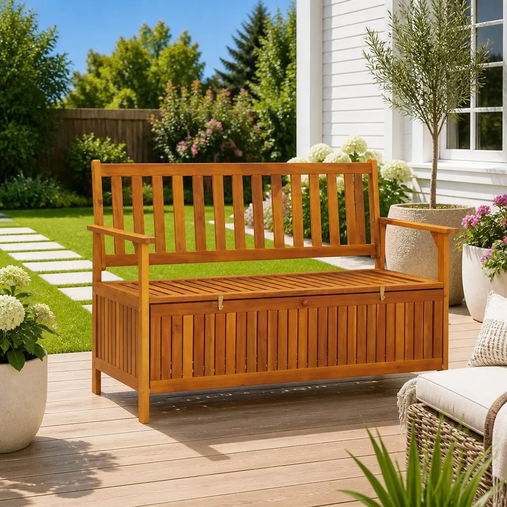 120cm Wooden Outdoor Storage Bench with Backrest