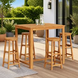 Set of 4 Brown Acacia Wood Bar Stools for Outdoor Use