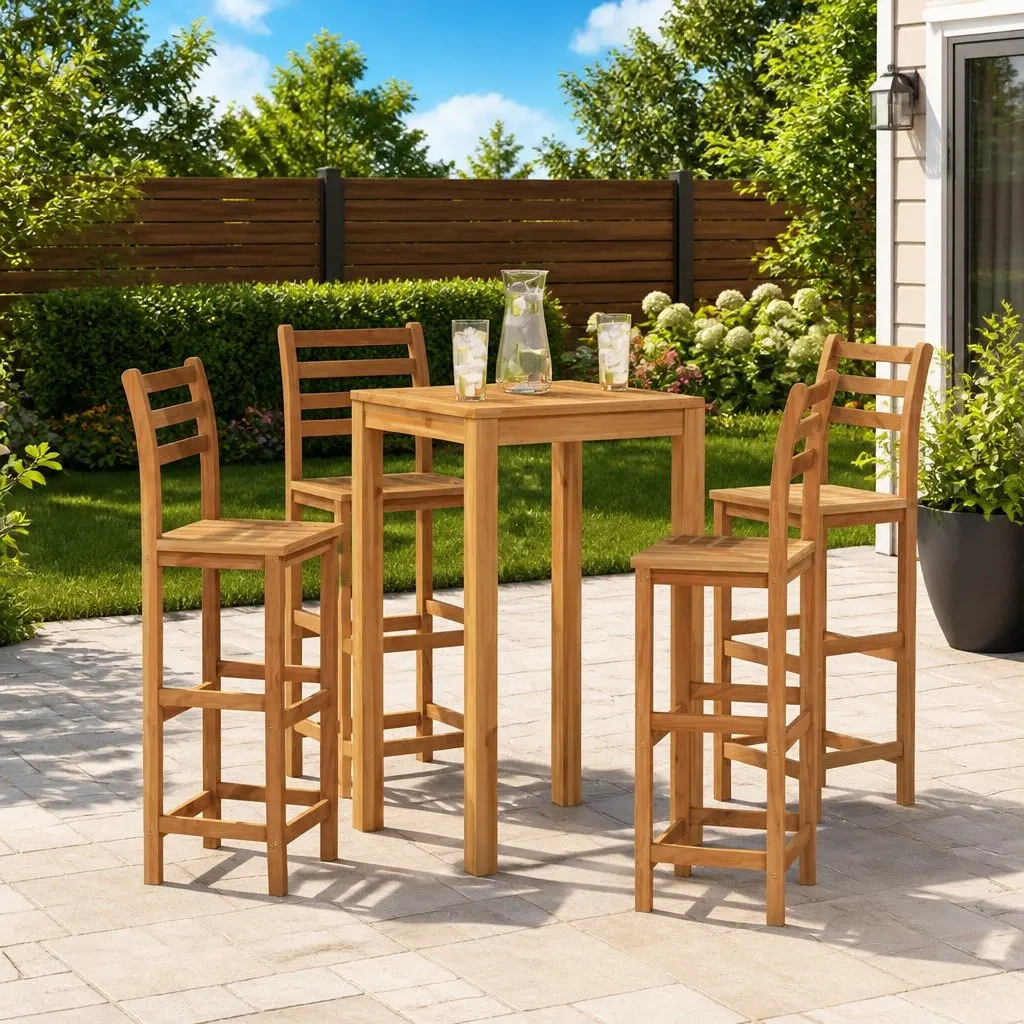 Set of 4 Sturdy Solid Acacia Wood Bar Stools