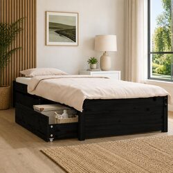 Durable Black Wooden Bed Frame with Storage Drawers