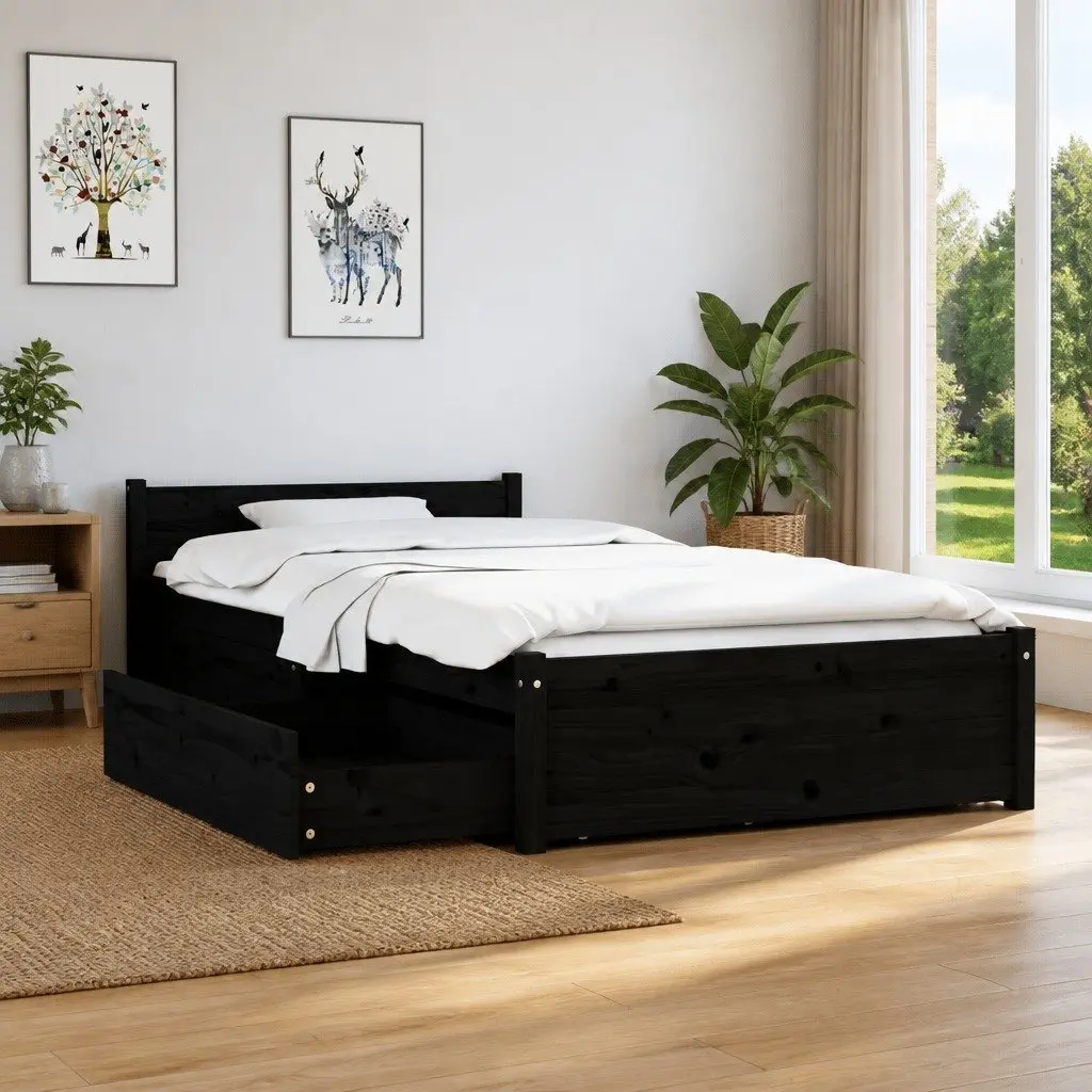 Bed Frame Solid Pine Wood 90x190 cm Black with Storage Drawers