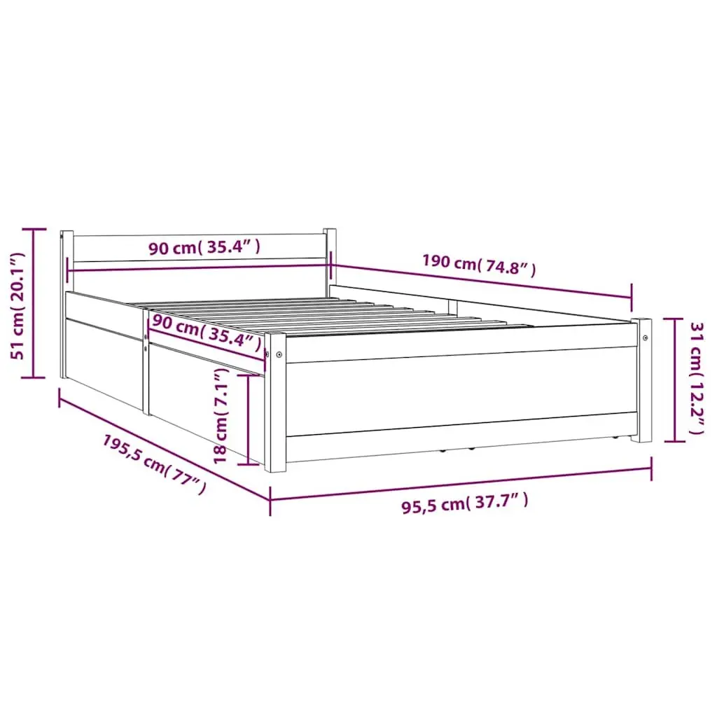Bed Frame Solid Pine Wood 90x190 cm Black with Storage Drawers