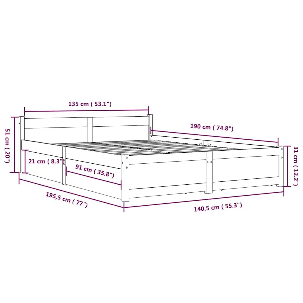 Wooden Bed Frame Solid Pine Wood 135x190cm Brown