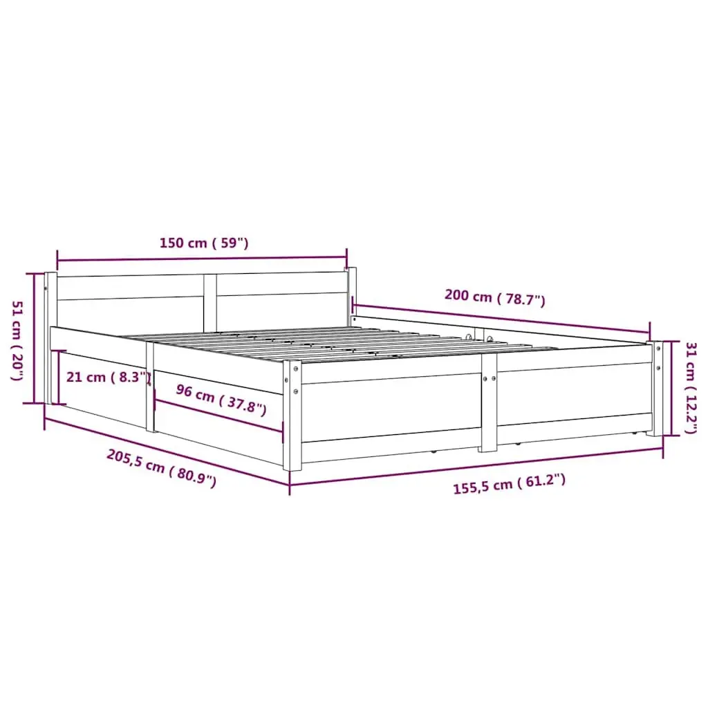 White Bed Frame with Storage Drawers 150x200 cm