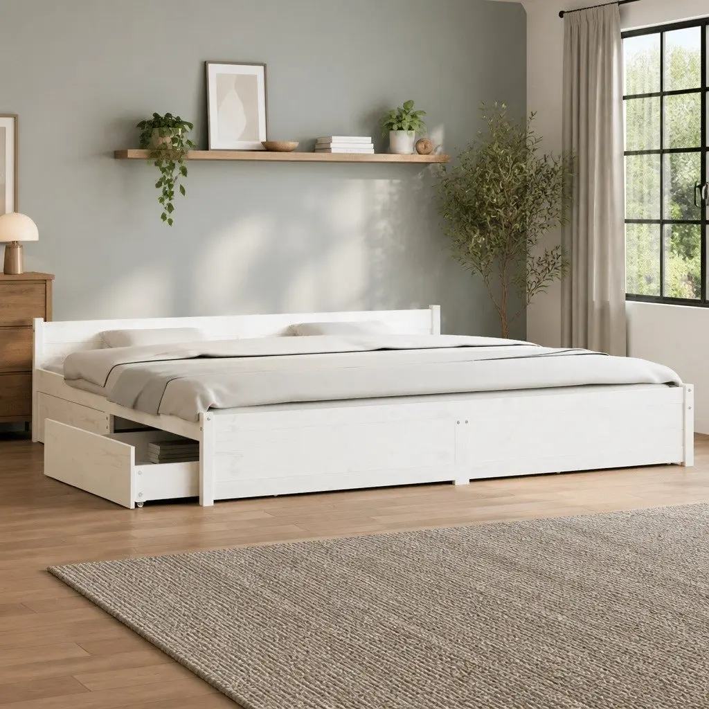 White King Bed Frame with Storage Drawers