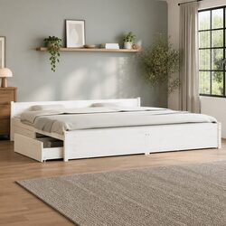 Sturdy White King Bed Frame with Storage Drawers