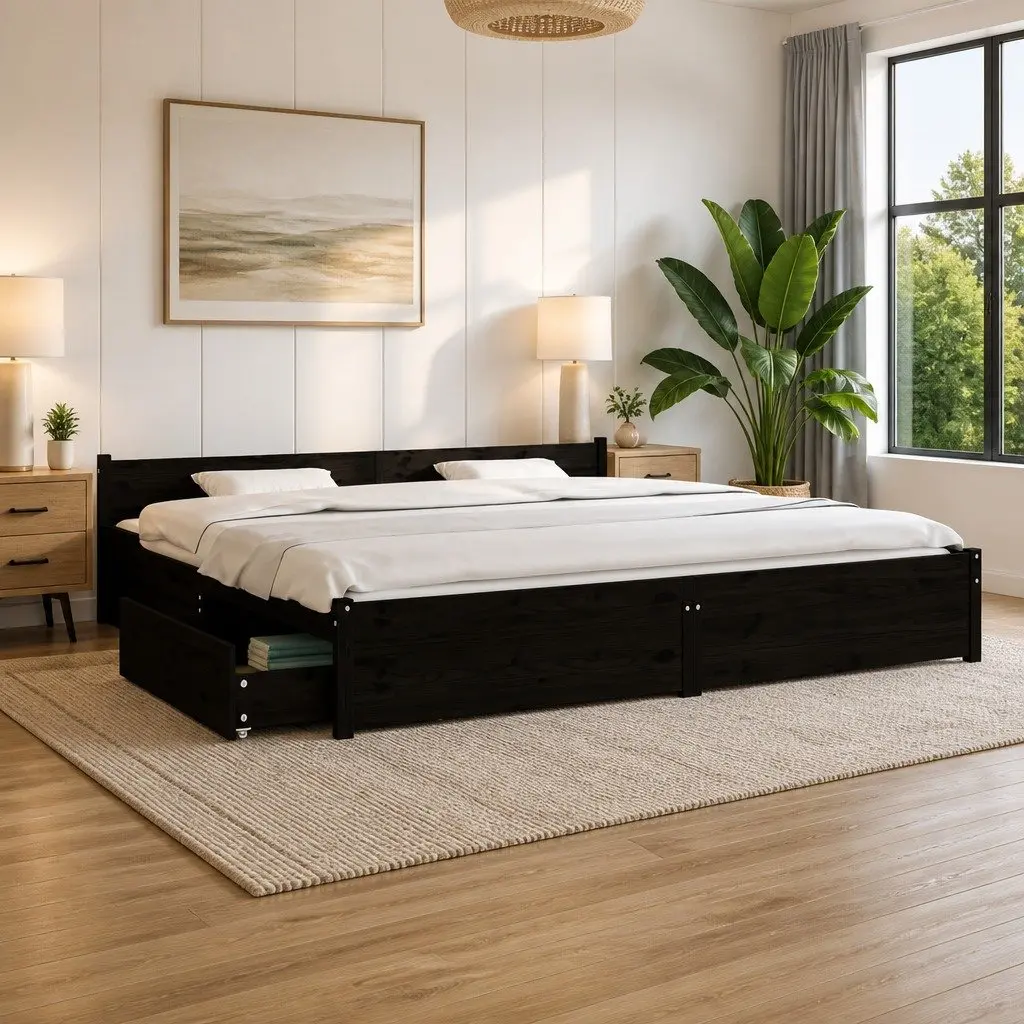 King Bed Frame with Storage Drawers, Black 183x203 cm