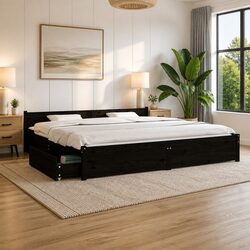 Sturdy King Bed Frame with Storage Drawers, Black 183x203 cm