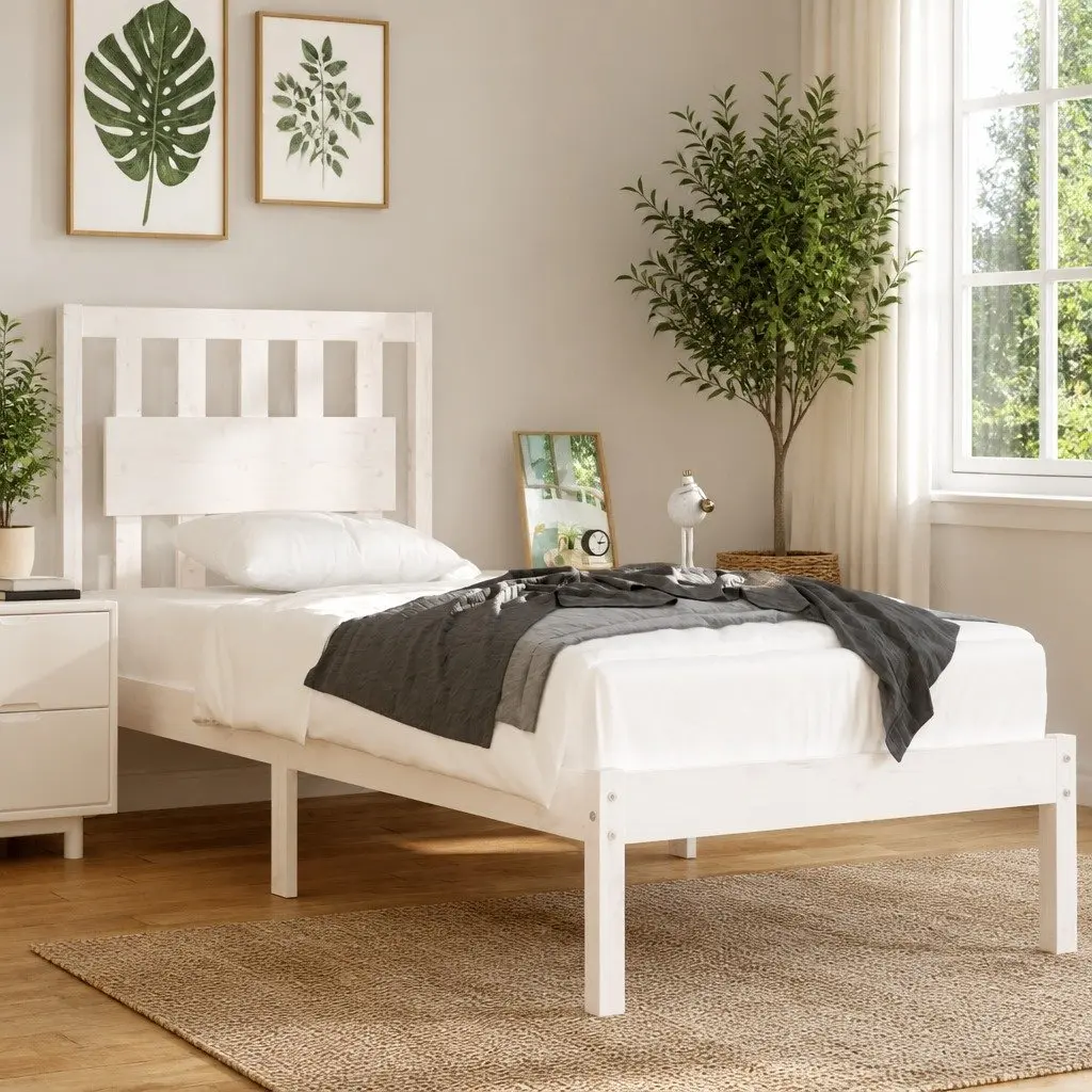 White Solid Pine Wooden Bed Frame with Headboard 90x190 cm