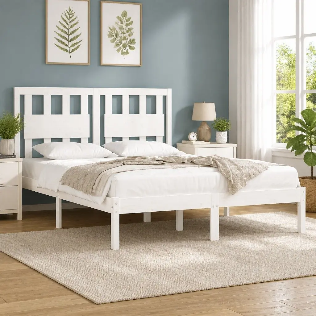 Solid Wood King Bed Frame 183x203 cm White with Headboard