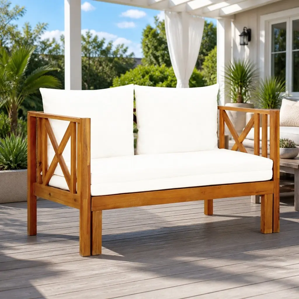 Solid Acacia 2-Seater Garden Bench Daybed in Cream