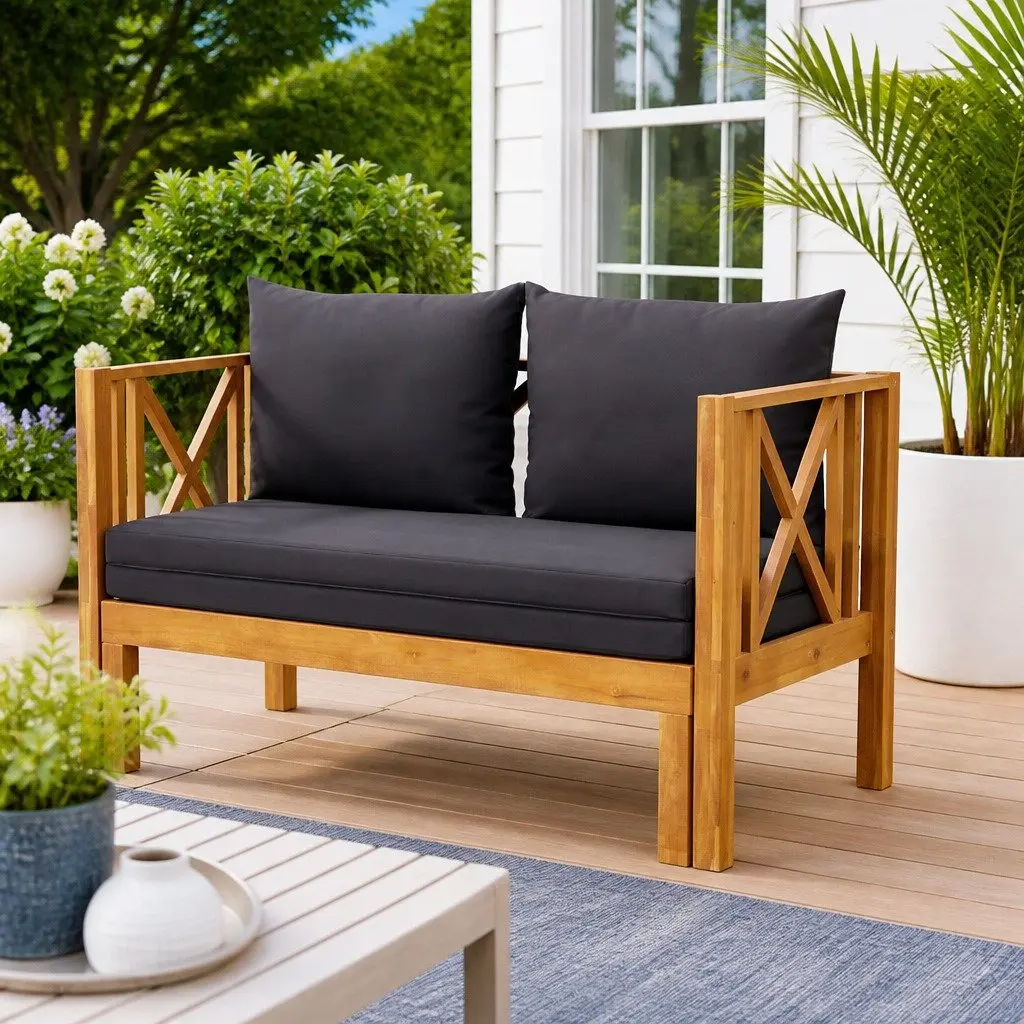 2-Seater Garden Bench Solid Acacia Wood Grey Outdoor Indoor Daybed Seat with Cushions