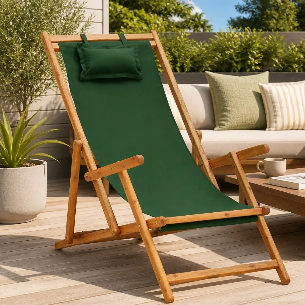 Folding Beach Chair Wooden Frame Fabric Seat Green