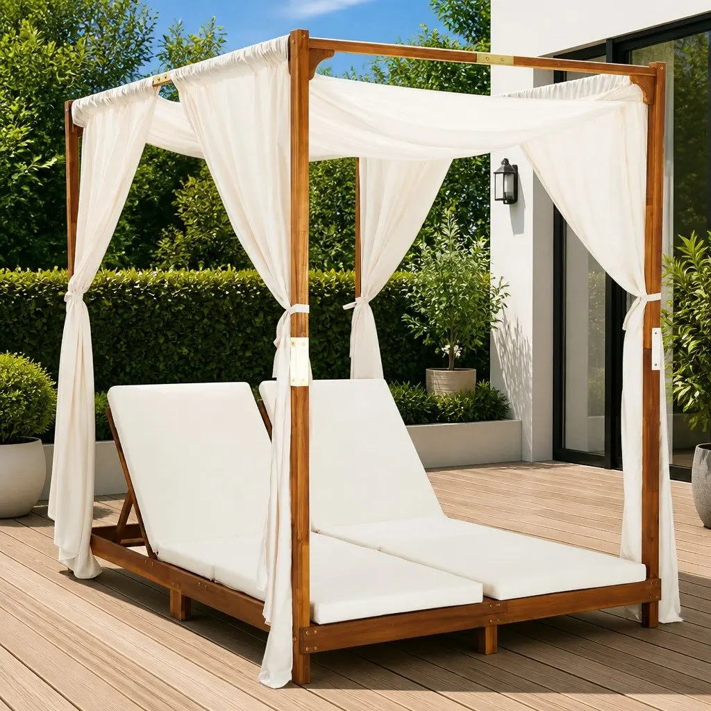 Double Sun Lounger Solid Acacia Wood Cream Cushions