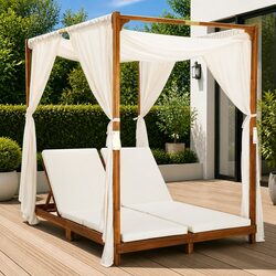 Solid Acacia Wood Double Sun Lounger with Cream Cushions