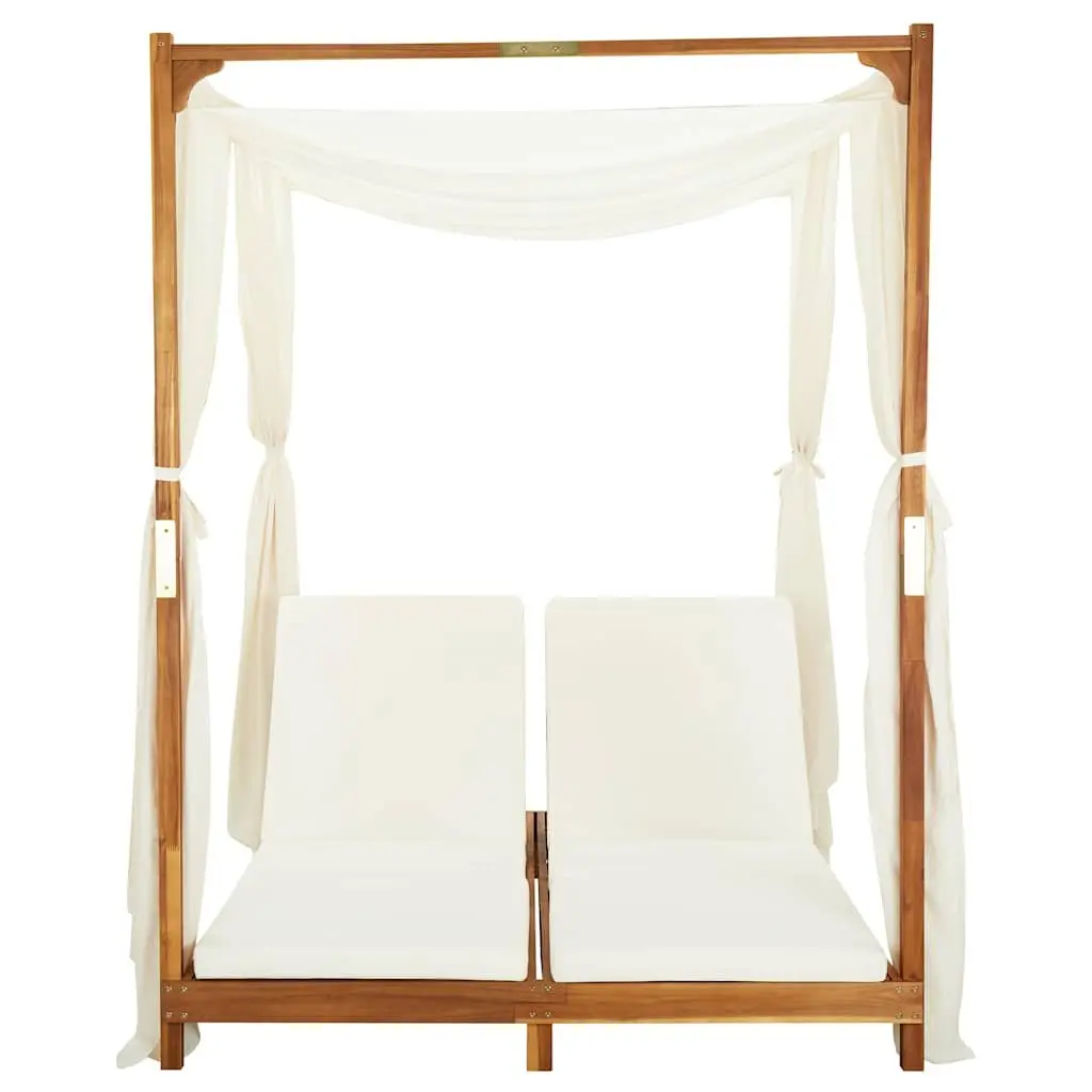 Double Sun Lounger Solid Acacia Wood Cream Cushions