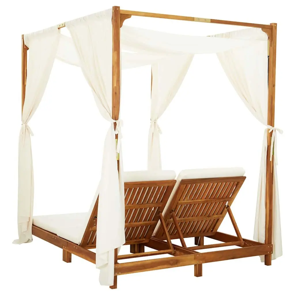 Double Sun Lounger Solid Acacia Wood Cream Cushions