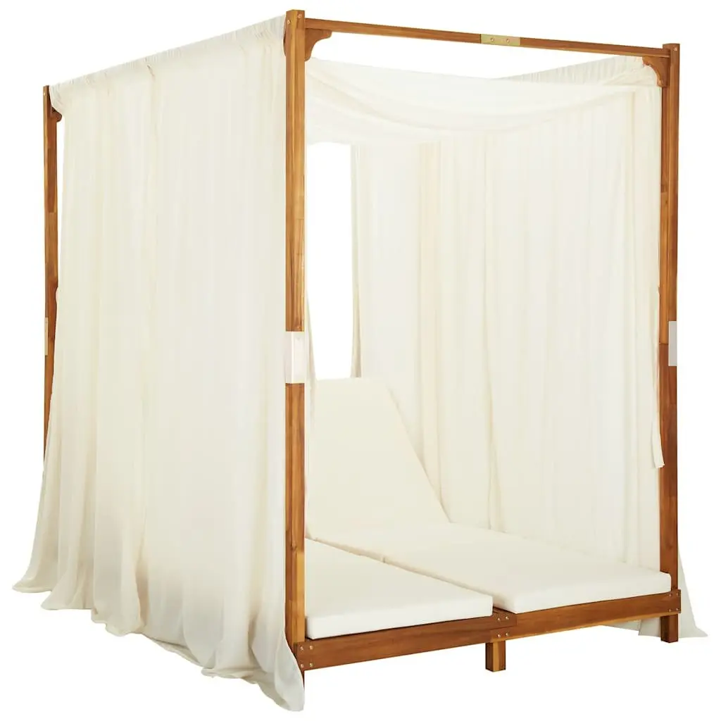 Double Sun Lounger Solid Acacia Wood Cream Cushions