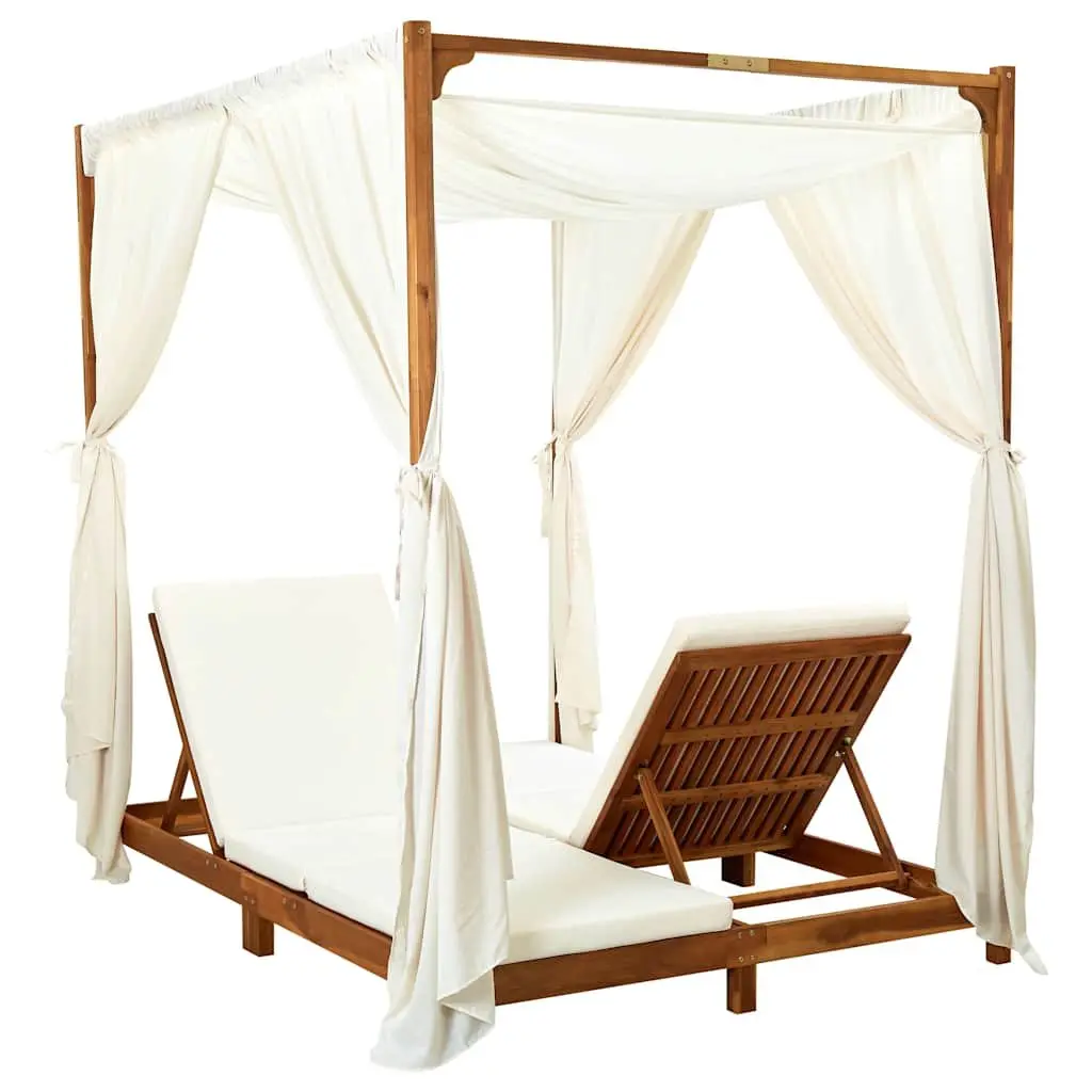 Double Sun Lounger Solid Acacia Wood Cream Cushions