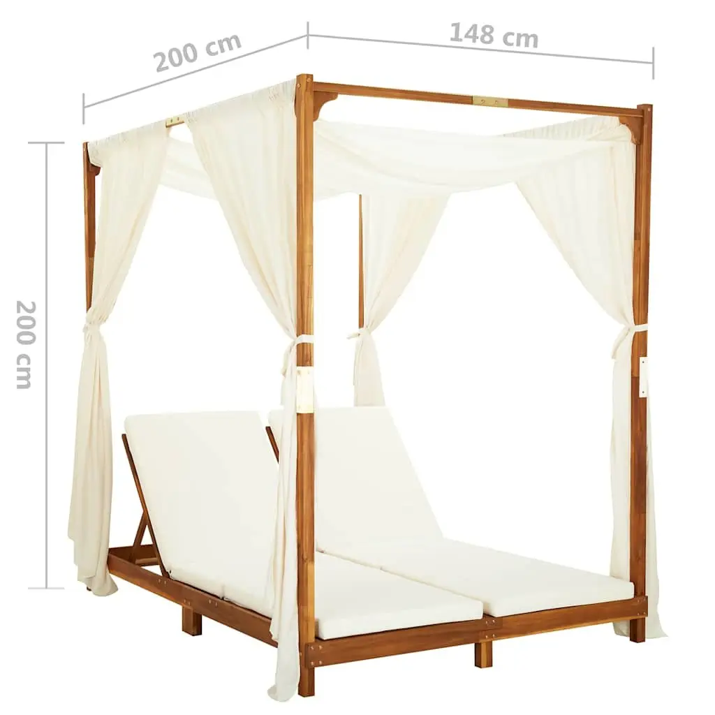 Double Sun Lounger Solid Acacia Wood Cream Cushions