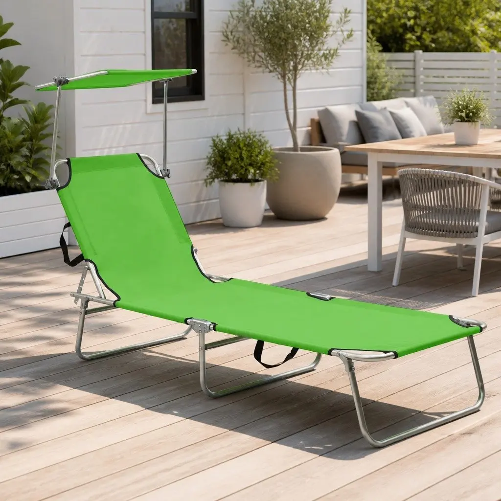 Green Sun Lounger with Canopy and Adjustable Backrest