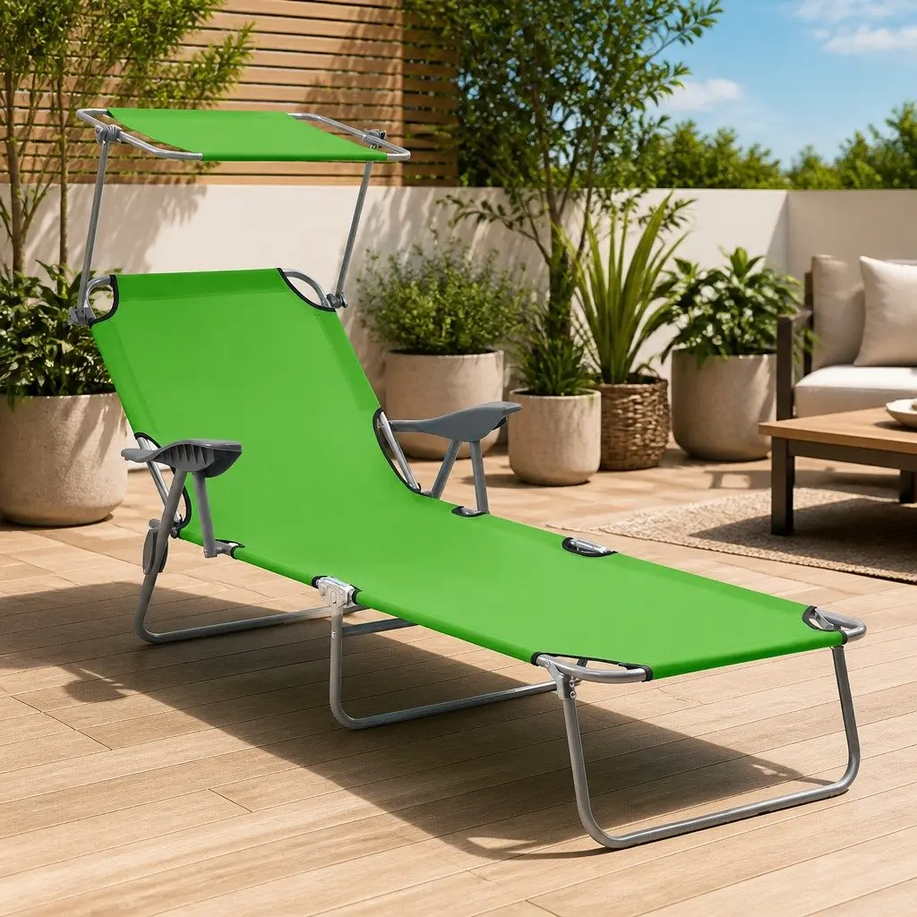 Adjustable Green Sun Lounger with Canopy for Outdoor Use