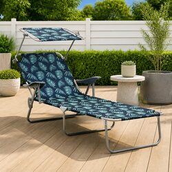 Sun Lounger with Canopy Adjustable Backrest Foldable Beach Garden Lounger Green
