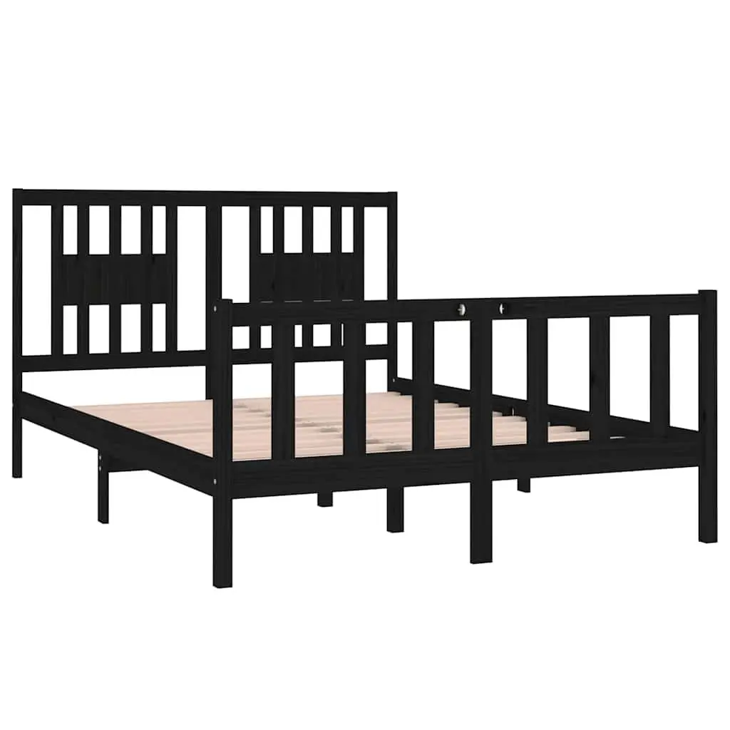 Black Solid Wood Bed Frame 135x190 cm with Headboard