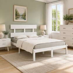 King Bed Frame White Solid Pine Wood 183x203 cm Bedroom Furniture Headboard
