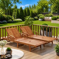 Adjustable Solid Wood Acacia Brown Sun Loungers Set