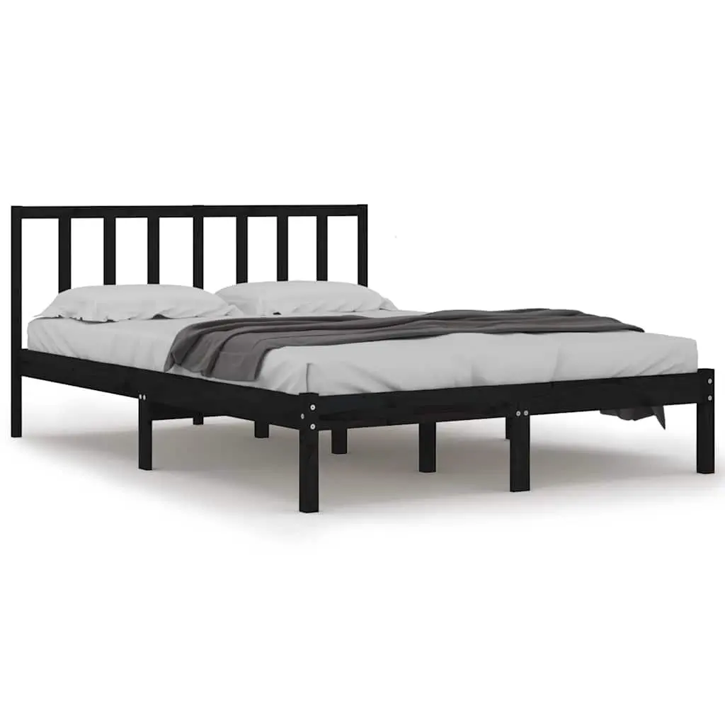 Black Solid Pine Wood Bed Frame 135x190 cm with Headboard