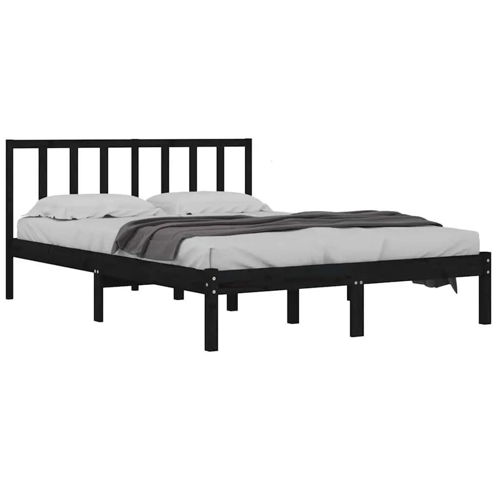 Black Solid Pine Wood Bed Frame 135x190 cm with Headboard