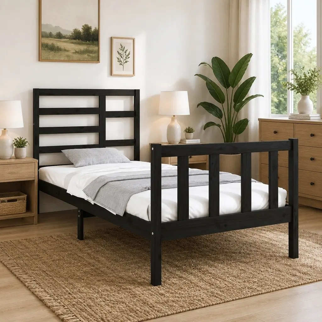 Black Solid Pine Single Bed Frame with Headboard