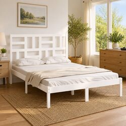 Solid Wood Bed Frame in White 135x190 cm for Modern Design