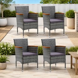 Grey Rattan Armrest Outdoor Dining Chairs Set of 4