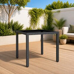 Sturdy Black Poly Rattan Garden Table with Tempered Glass