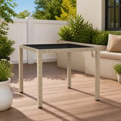 Durable Beige Garden Table with Tempered Glass Top