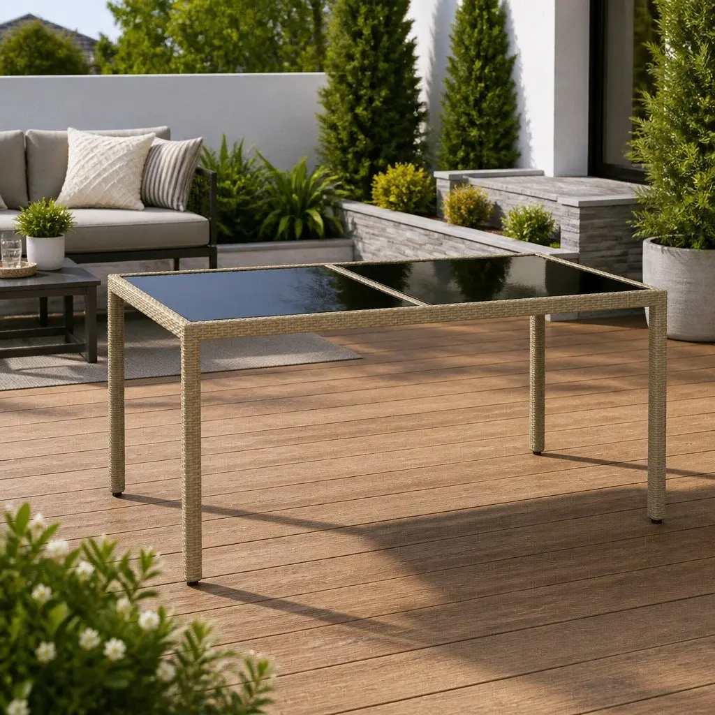Garden Table Poly Rattan Tempered Glass 150x90x75cm Beige