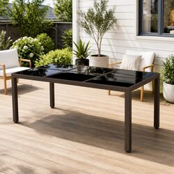 Durable Brown Poly Rattan Garden Table with Glass Top