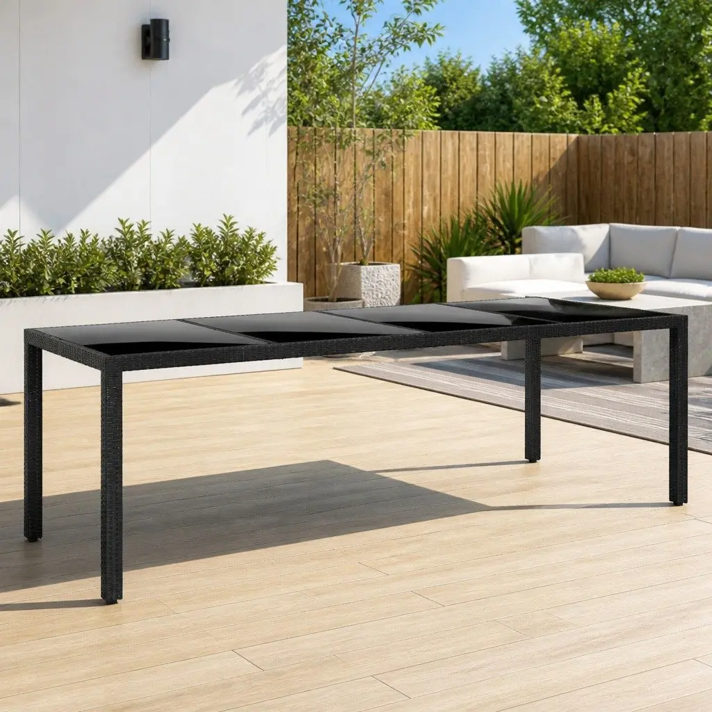 Garden Table Tempered Glass Poly Rattan Black 250x100cm